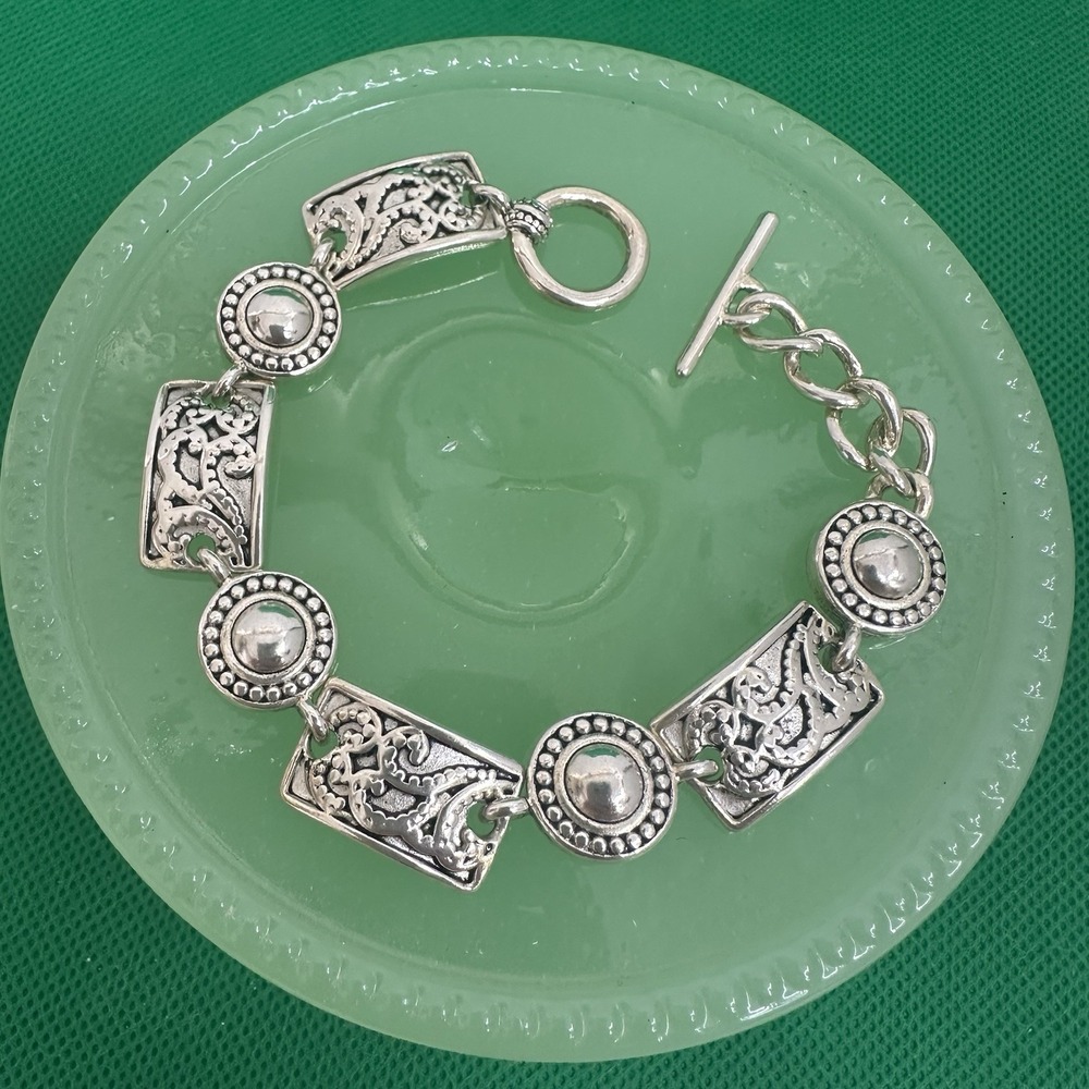 Premier Designs Bracelet Silver Plated scroll Link Toggle 7.5" Panel Rectangular